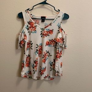 White and pink/red floral blouse